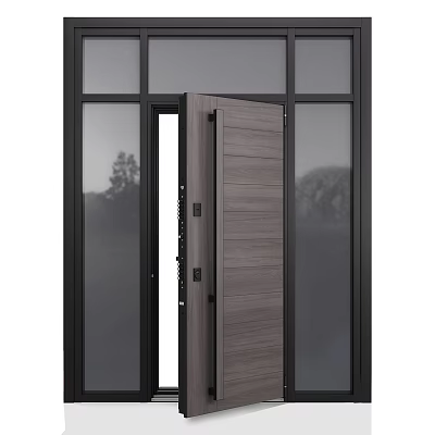Modern Wood Hinged Door With Black Frame And Glass Panels For Interior Design 3d model