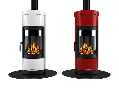 Modern White and Red Cylindrical Fireplace with Glass Door and Burning Fire 3d model