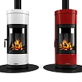 Modern White and Red Cylindrical Fireplace with Glass Door and Burning Fire