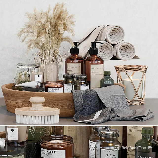 Washing Supplies in Wooden Tray with Rolled Towels Glass Jars and Soap Bottles 3d model 