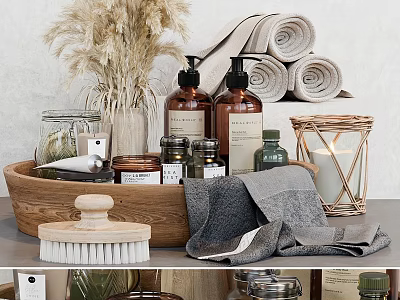 Washing Supplies in Wooden Tray with Rolled Towels Glass Jars and Soap Bottles 3d model