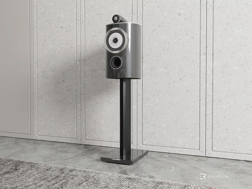 Silver Audio Speaker On Black Stand With Gray Wall And Floor Rug 3d model 