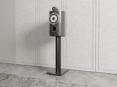 Silver Audio Speaker On Black Stand With Gray Wall And Floor Rug 3d model