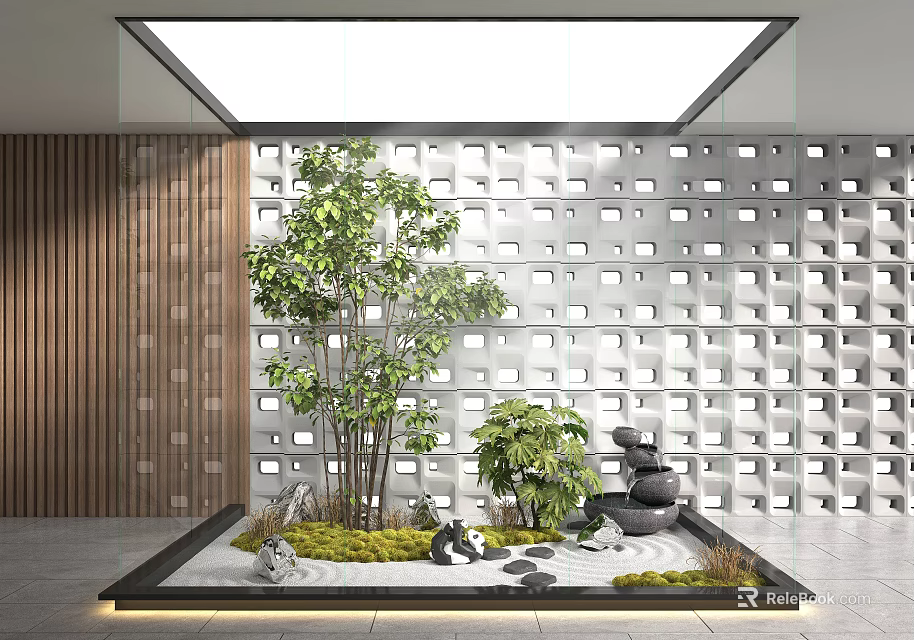 Indoor Landscape Design With Large Tree Small Plants Stone Decor White Perforated Wall And Skylight 3d model 