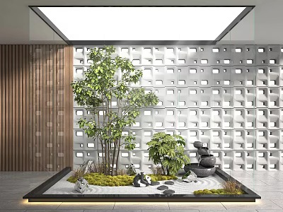 Indoor Landscape Design With Large Tree Small Plants Stone Decor White Perforated Wall And Skylight 3d model