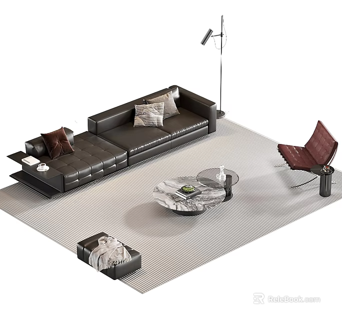 Modern Living Room Interior With Dark Brown Leather Sofa Red Chair And Marble Coffee Table 3d model 