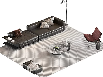 Modern Living Room Interior With Dark Brown Leather Sofa Red Chair And Marble Coffee Table 3d model
