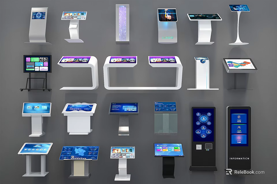 Modern Public Facilities Featuring Touchscreen Information Kiosks In Various Designs 3d model 