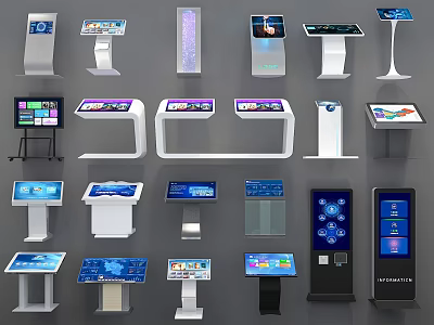 Modern Public Facilities Featuring Touchscreen Information Kiosks In Various Designs 3d model
