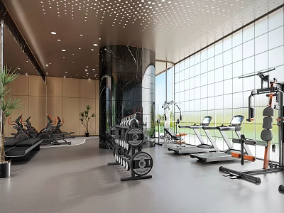 Modern Open Gym With Floor to Ceiling Windows Fitness Equipment Treadmills Dumbbells and Green Plants 3d model