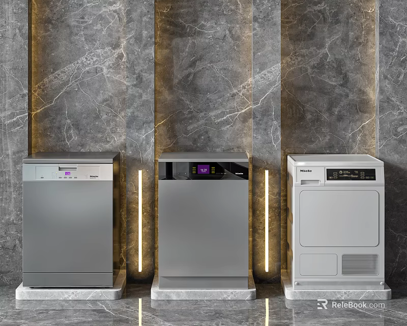 Modern Kitchen Appliances In Three Colors With Marble Wall And Accent Lighting 3d model 