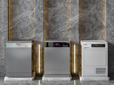 Modern Kitchen Appliances In Three Colors With Marble Wall And Accent Lighting 3d model