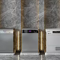 Modern Kitchen Appliances In Three Colors With Marble Wall And Accent Lighting