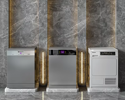 Modern Kitchen Appliances In Three Colors With Marble Wall And Accent Lighting 3d model