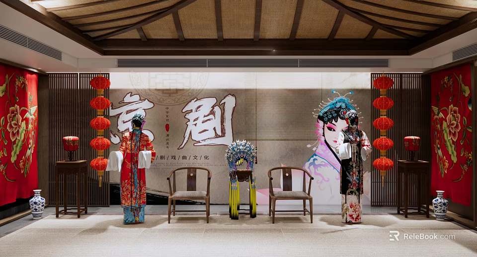 Traditional Peking Opera Costume Display With Red Lanterns And Cultural Elements 3d model 