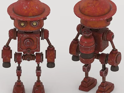 Two Red Robots With Vintage Style Red Hats And Mechanical Body Design 3d model