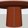 Round Red Dining Table with Cylindrical Base against Light Colored Wall and Two Circular Decorations 3d model
