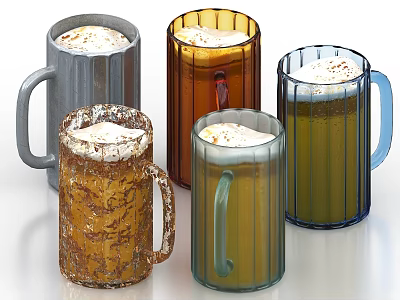 Assorted Beverage Mugs with Foam Topping in Various Textured Designs and Colors 3d model