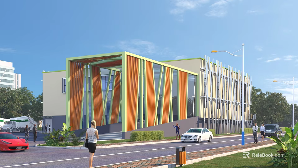 Modern Industrial Factory Exterior With Colorful Vertical Stripes Large Windows And Surrounding Road 3d model 