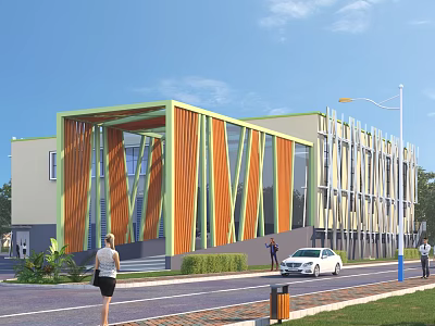 Modern Industrial Factory Exterior With Colorful Vertical Stripes Large Windows And Surrounding Road 3d model