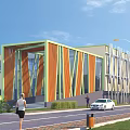 Modern Industrial Factory Exterior With Colorful Vertical Stripes Large Windows And Surrounding Road