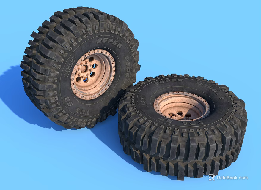 Off Road Tires With Brown Rims Deep Tread Design On Blue Background 3d model 