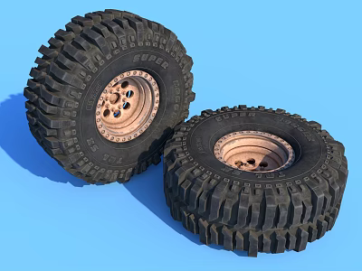 Off Road Tires With Brown Rims Deep Tread Design On Blue Background 3d model