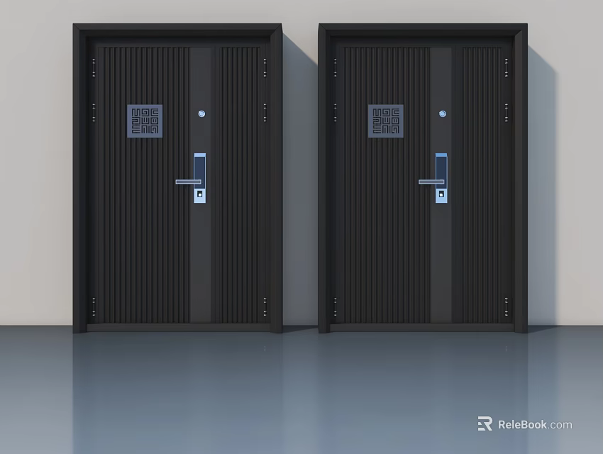 Modern Black Swing Doors With Vertical Stripes And Digital Lock Design 3d model 