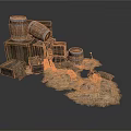 Rustic Household Storage Items Including Wooden Barrels Crates Hay Stacks And Sacks