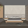 Modern Bedroom With Wooden Bed Beige Wall Bedhead Light Strips Shoji Doors And Potted Plant