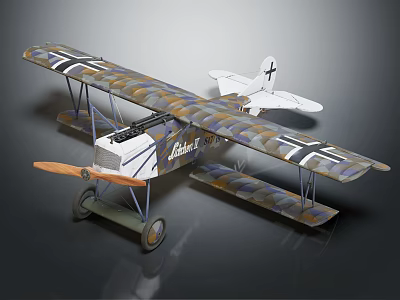 Vintage Biplane Fighter Aircraft with Camouflage Pattern and Cross Insignia Design 3d model
