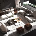 Modern Sofa and Coffee Table Set With Brown Cushions Throw Blanket Quilted Ottomans Area Rug