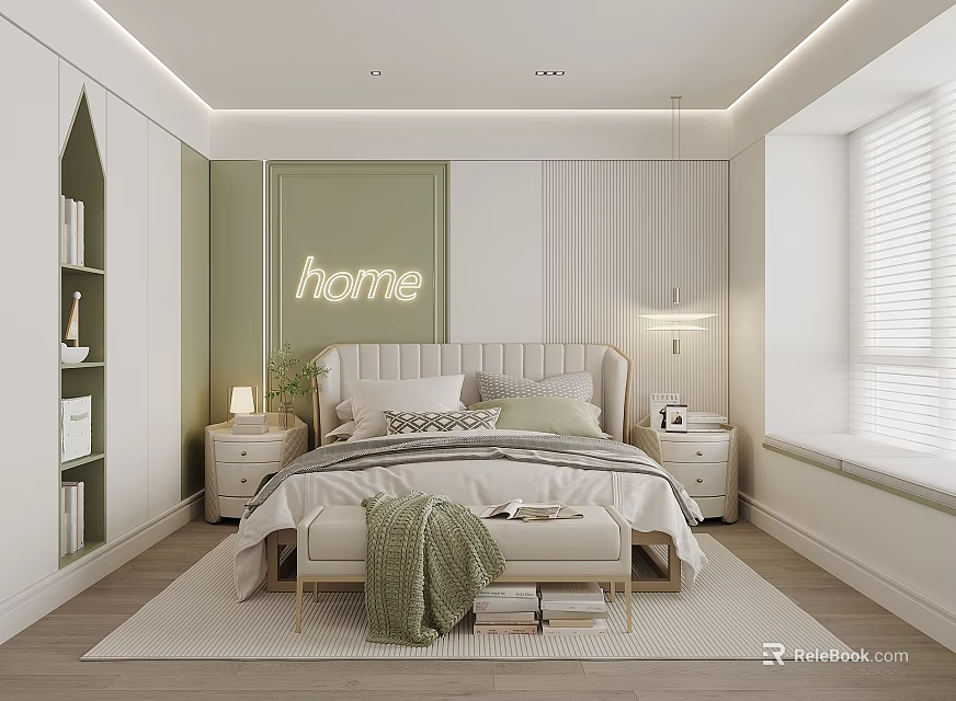 Kids Bedroom with Green and White Walls Neon Home Sign Bed Nightstands and Bookshelf 3d model 