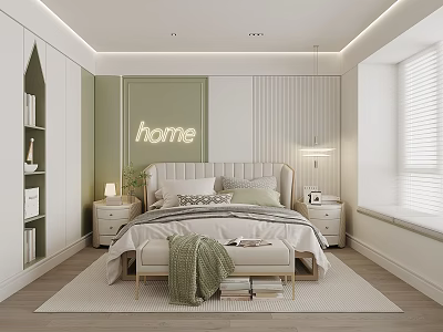 Kids Bedroom with Green and White Walls Neon Home Sign Bed Nightstands and Bookshelf 3d model