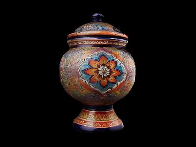 Decorative Ceramic Jar With Intricate Floral Pattern Vibrant Colors And Ornate Lid 3d model