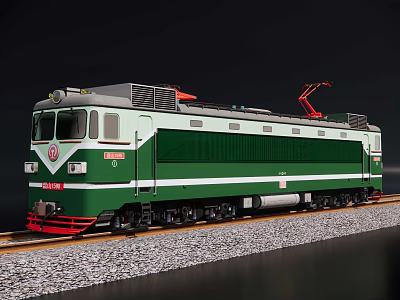 Detailed Green Electric Train Model on Railway Track with Black Background 3d model