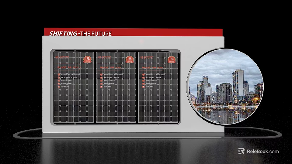 Event Display Wall Featuring Shifting the Future Theme Solar Panels Cityscape and Info Graphics 3d model 