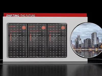 Event Display Wall Featuring Shifting the Future Theme Solar Panels Cityscape and Info Graphics 3d model