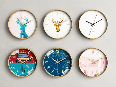 Six Round Decorative Clocks With Various Animal Motifs And Architectural Patterns 3d model
