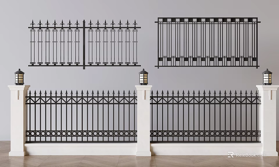 Black Wrought Iron Railings With Different Decorative Designs For Garden And Yard 3d model 