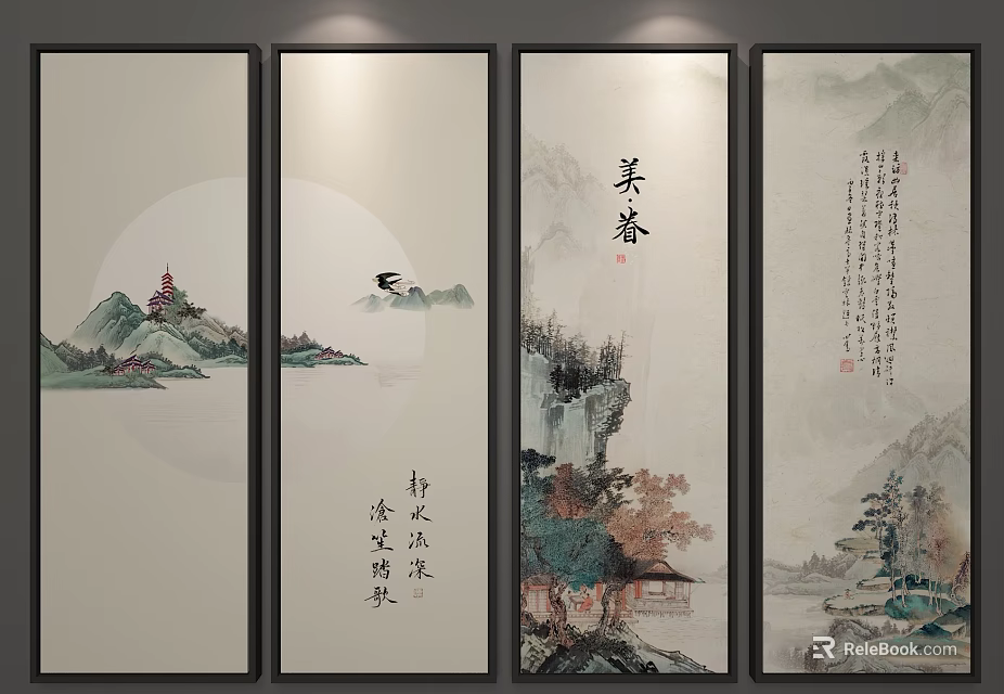 Four Panel Traditional Chinese Landscape Paintings With Mountains Rivers Moon And Calligraphy 3d model 