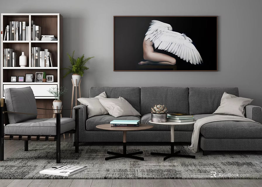 Modern Gray Sofa and Coffee Table Set with Throw Pillows Wall Art on Area Rug 3d model 