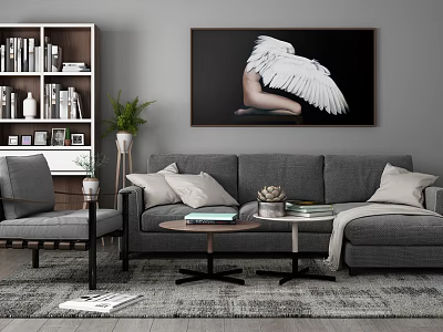 Modern Gray Sofa and Coffee Table Set with Throw Pillows Wall Art on Area Rug 3d model
