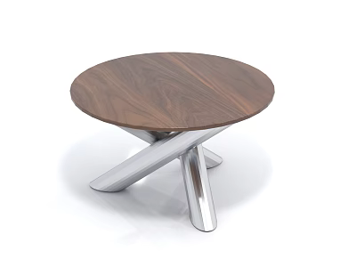 Modern Round Coffee Table With Walnut Wooden Top And Silver Metal Cross Base 3d model