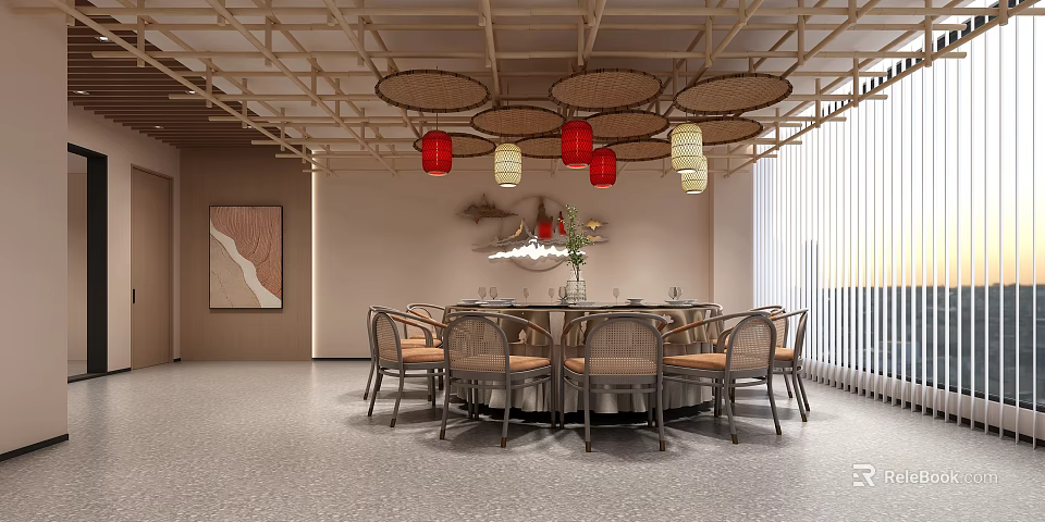 Private Dining Room Interior With Round Table Lantern Lights And Decorative Painting 3d model