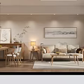 Warm Natural Wood Living And Dining Room Interior Design With Comfortable Sofas And Elegant Artworks