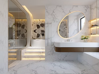 Elegant Modern Bathroom Interior With Marble Round Mirror Bathtub Vanity And Lighting 3d model