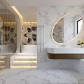 Elegant Modern Bathroom Interior With Marble Round Mirror Bathtub Vanity And Lighting