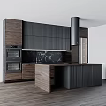 Modern Kitchen Interior With Dark Cabinets Island Black Countertop Range Hood And Glass Door Cabinet