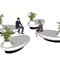 Modern Outdoor Public Chairs With Green Plants And People Sitting In Plaza Setting